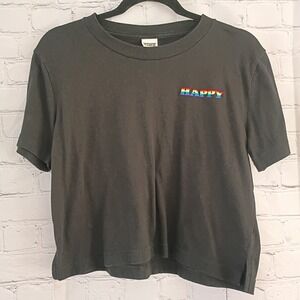 PINK Victorias Secret Black Rainbow Happy Embroidered Crop T-Shirt Womens XS